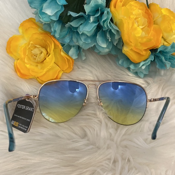 NEW! Foster Grant Aviators Blue & Yellow Lens Gold Arms - Picture 2 of 4